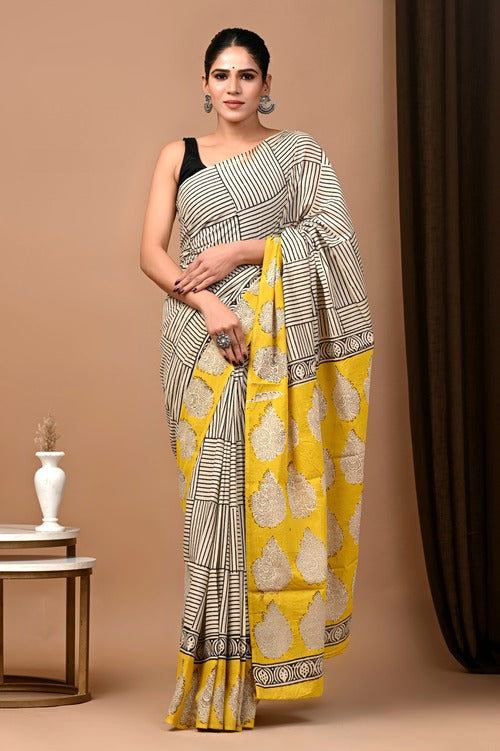 Black & White Hand Block Printed Cotton Mul Saree with Blouse – Soft Mulmul Saree with Organic Dyes