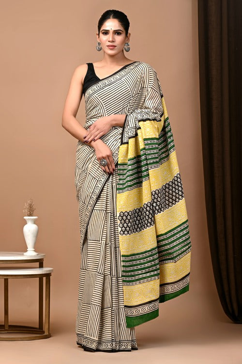 White & Black Hand Block Printed Cotton Mul Saree with Blouse – Soft & Stylish Mulmul Saree