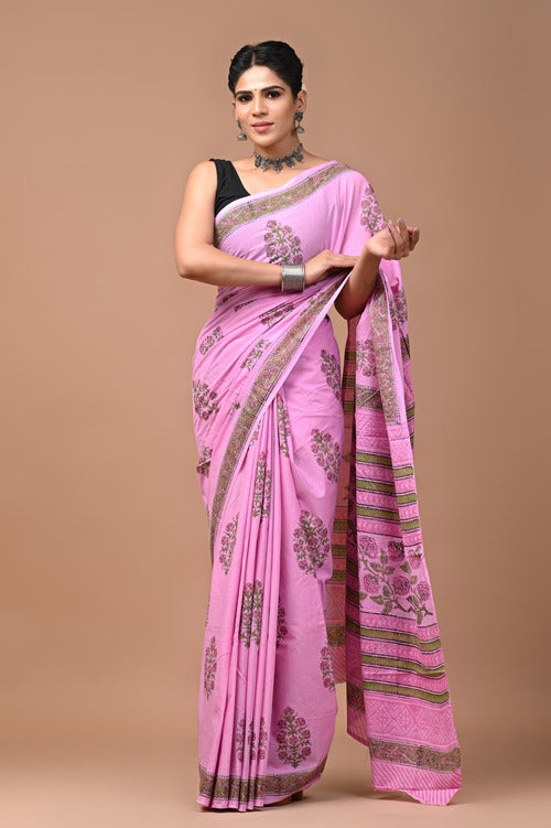 Pink Hand Block Printed Cotton Mul Saree with Blouse – Buttery Soft Mulmul Saree with Organic Dyes