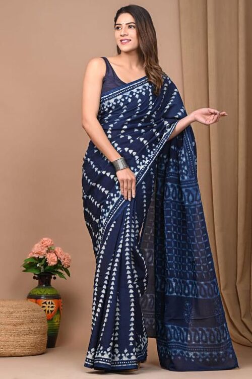 Royal Blue Hand Block Printed Cotton Mul Saree with Blouse – Soft & Lightweight Mulmul Saree