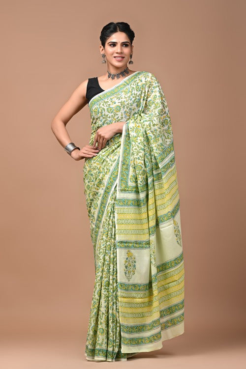 Pista Green Hand Block Printed Cotton Mul Saree with Blouse – Soft & Stylish Mulmul Saree