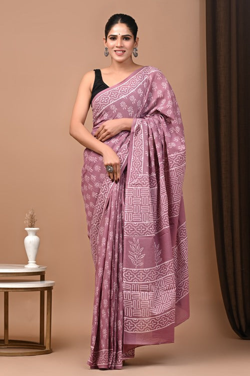 Mauve Hand Block Printed Cotton Mul Saree with Blouse – Soft, Lightweight, and Eco-Friendly Saree