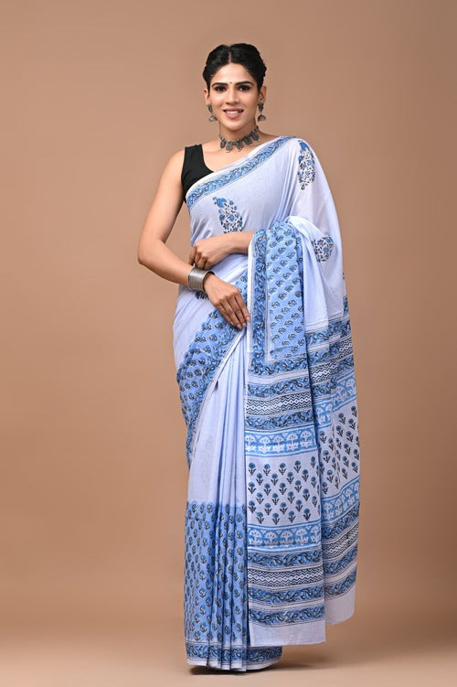 Light Blue Hand Block Printed Cotton Mul Saree with Blouse – Lightweight, Sustainable, and Chic