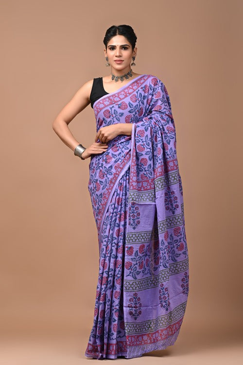 Purple Color Hand Block Printed Cotton Mulmul Saree with Blouse – Perfect for Everyday Comfort and Style