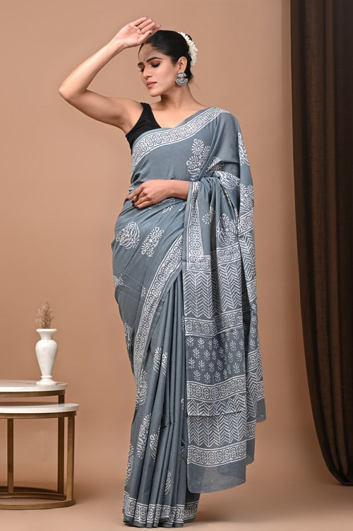 Grey Color Hand Block Printed Cotton Mulmul Saree with Blouse – Perfect Blend of Comfort and Sophistication