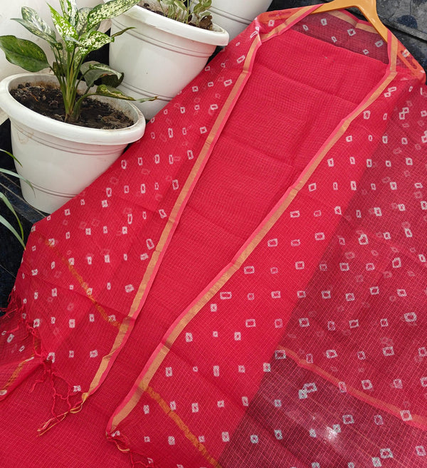 Red color Pure Cotton Kota Doria 2-Piece Suit Set with Tie & Dye Dupatta