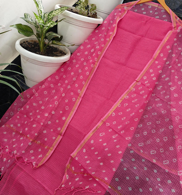 Pink color Pure Cotton Kota Doria 2-Piece Suit Set with Tie & Dye Dupatta