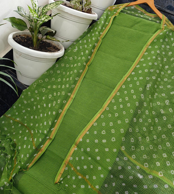 Green color Pure Cotton Kota Doria 2-Piece Suit Set with Tie & Dye Dupatta