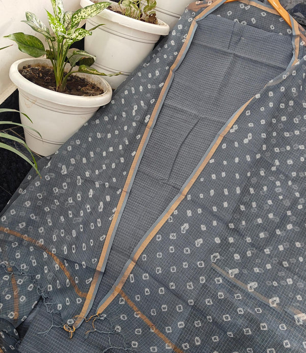Grey color Pure Cotton Kota Doria 2-Piece Suit Set with Tie & Dye Dupatta