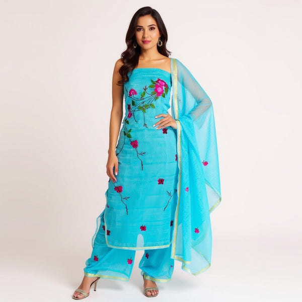 Sky blue Embroidered Kota doria suit