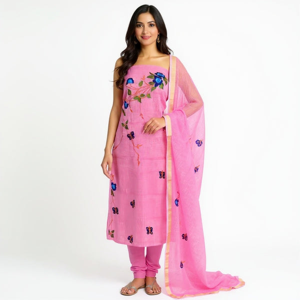 Pink Embroidered Kota doria suit