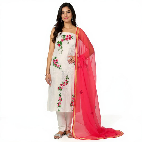 White top with peach dupatta Kota doria Embroidered suit