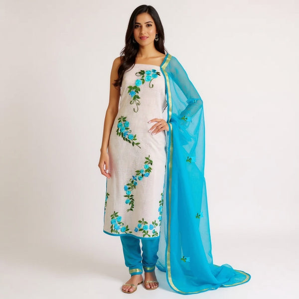 White top with blue dupatta Kota doria Embroidered suit