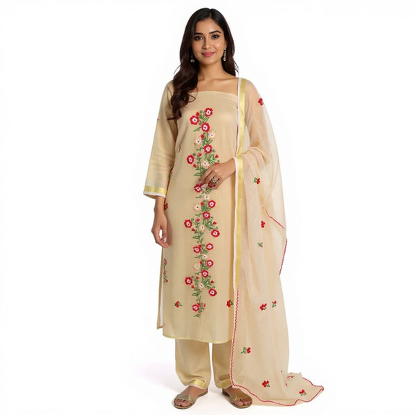 Beige Embroidered Kota doria suit