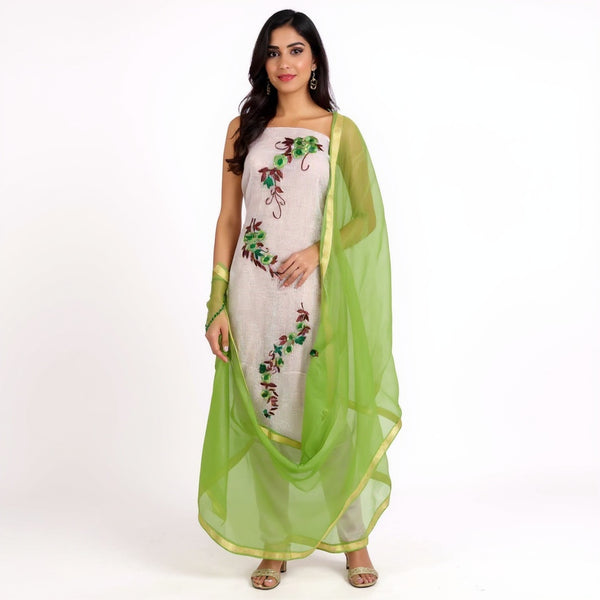 White top with parrot green dupatta Kota doria Embroidered suit
