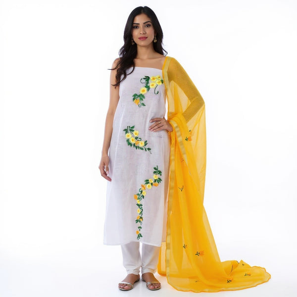 White top with yellow dupatta Kota doria Embroidered suit