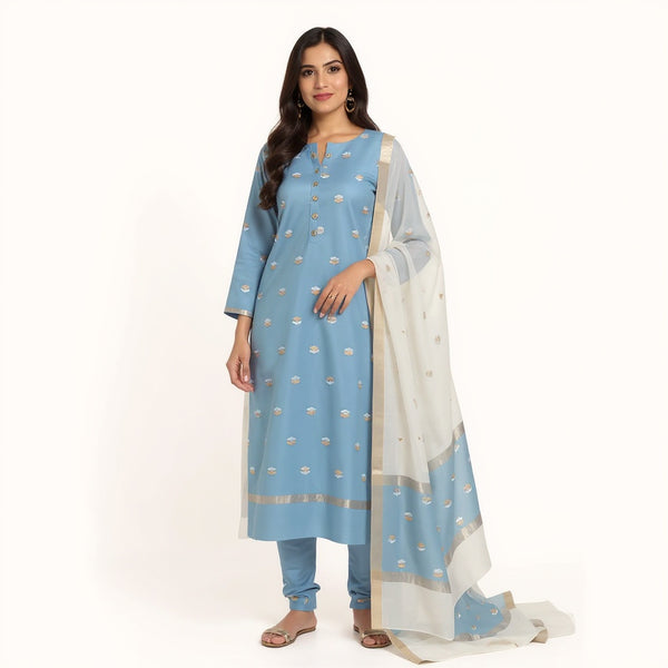Powder blue top with white color dupatta hand Work Chanderi 2 pcs Suit