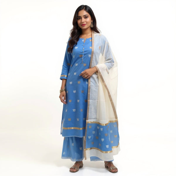 Blue top with white color dupatta hand Work Chanderi 2 pcs Suit