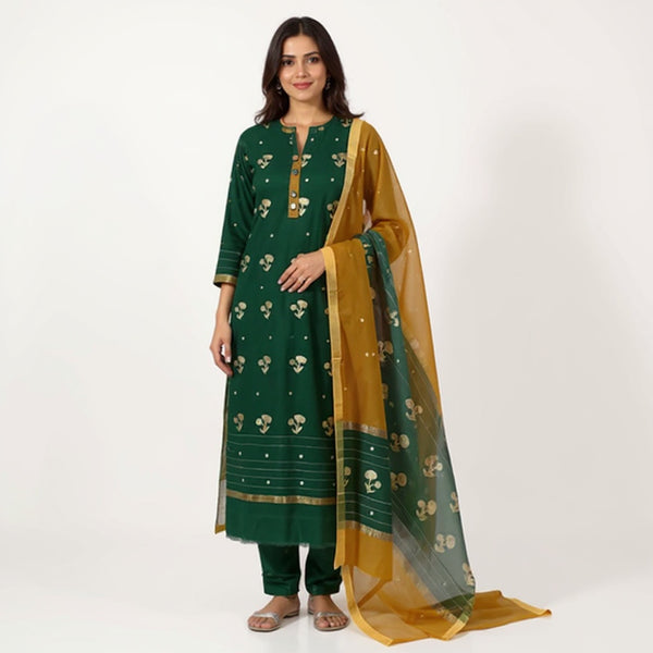 Bottle green top with mustard color dupatta hand Work Chanderi 2 pcs Suit