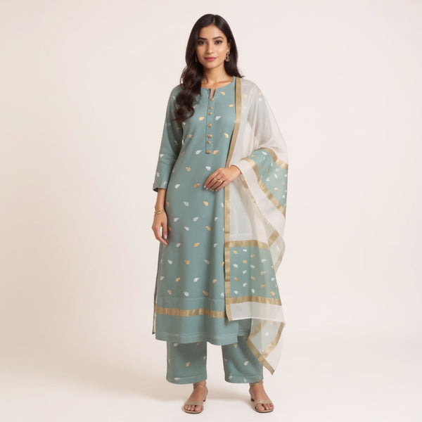 Powder blue top with off white colour dupatta hand Work Chanderi 2 pcs Suit