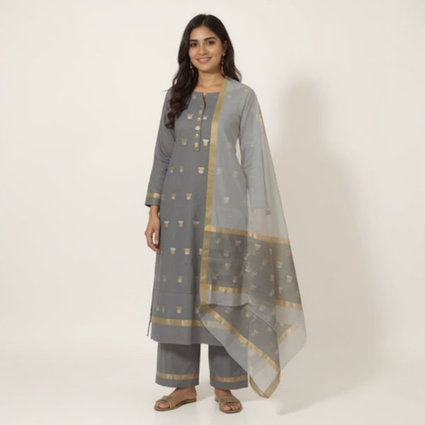 Dark grey top with light grey colour dupatta hand Work Chanderi 2 pcs Suit