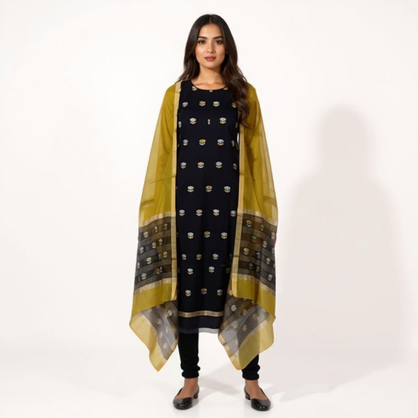 Black top with olive color dupatta hand Work Chanderi 2 pcs Suit