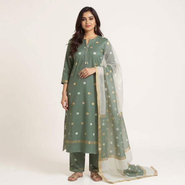 Grey top with off white color dupatta hand Work Chanderi 2 pcs Suit