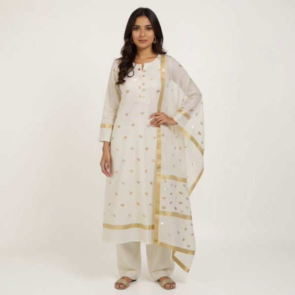 Off white top with same color dupatta hand Work Chanderi 2 pcs Suit