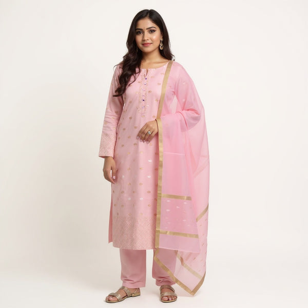 Baby pink top with same color dupatta hand Work Chanderi 2 pcs Suit
