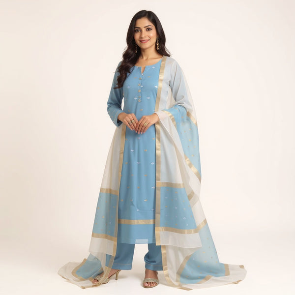 Light blue top with white color dupatta hand Work Chanderii 2 pcs Suit