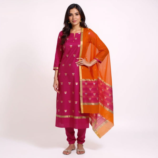 Red top with orange colour dupatta hand Work Chanderi 2 pcs Suit