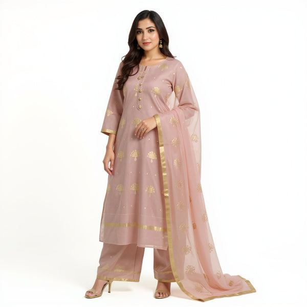 Peachish top with same color dupatta hand Work Chanderi 2 pcs Suit