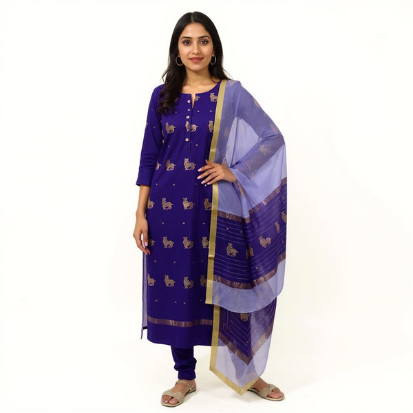 Royal blue top with purple color dupatta hand Work Chanderi 2 pcs Suit