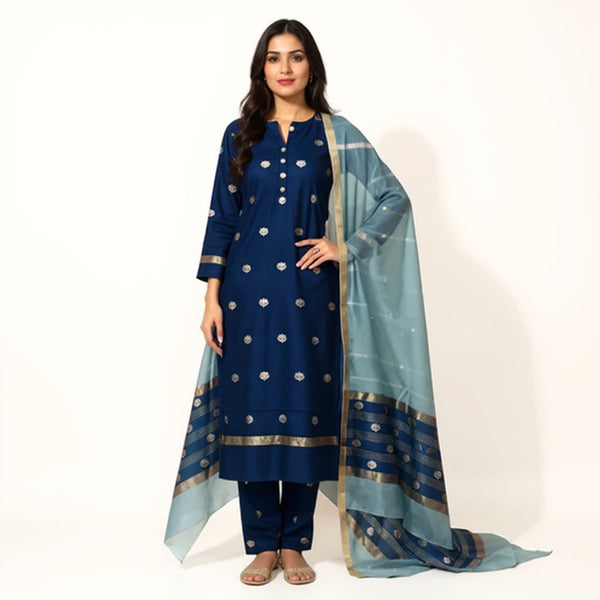 Royal blue top with light blue color dupatta hand Work Chanderi 2 pcs Suit