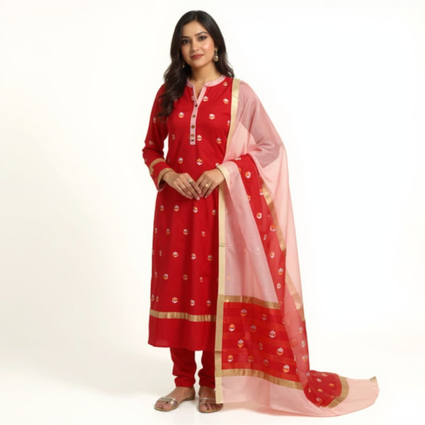 Red top with light pink color dupatta hand Work Chanderi 2 pcs Suit