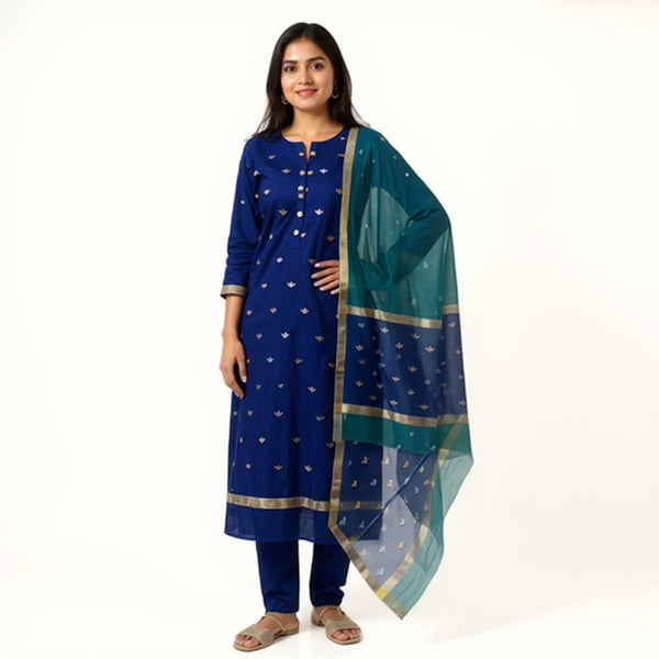 Royal blue top with bottle green color dupatta hand Work Chanderii 2 pcs Suit