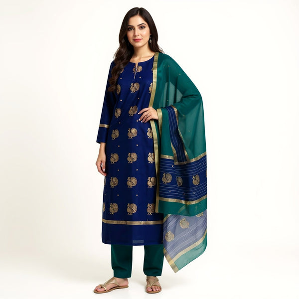 Royal blue top with bottle green color dupatta hand Work Chanderi 2 pcs Suit
