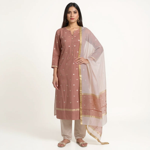 Peach top with beige color dupatta hand Work Chanderi 2 pcs Suit
