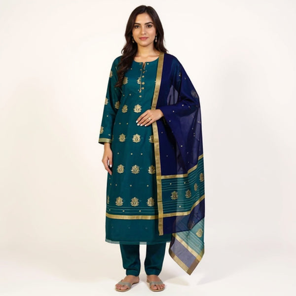 Teal blue top with royal blue color dupatta hand Work Chanderi 2 pcs Suit
