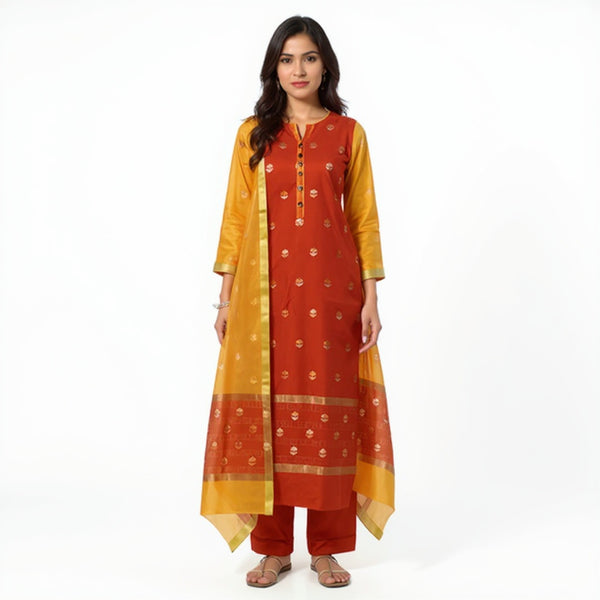 Red top with mustard color dupatta hand Work Chanderii 2 pcs Suit