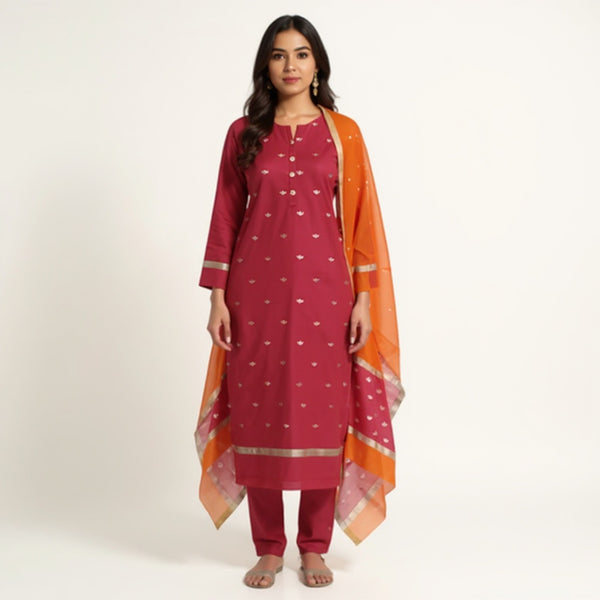 Red top with orange color dupatta hand Work Chanderii 2 pcs Suit