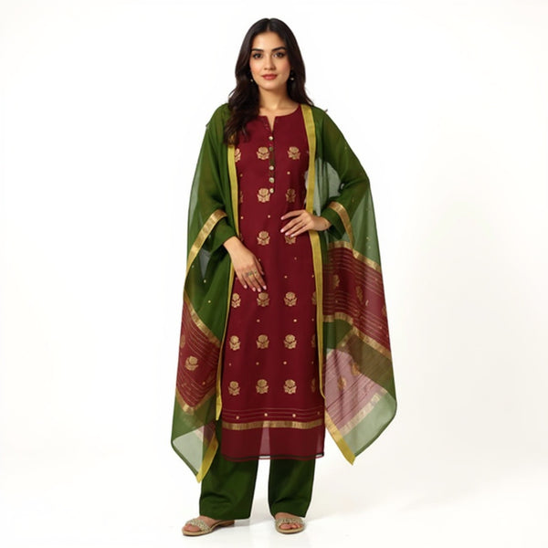 Maroon top with mehandi color dupatta hand Work Chanderi 2 pcs Suit