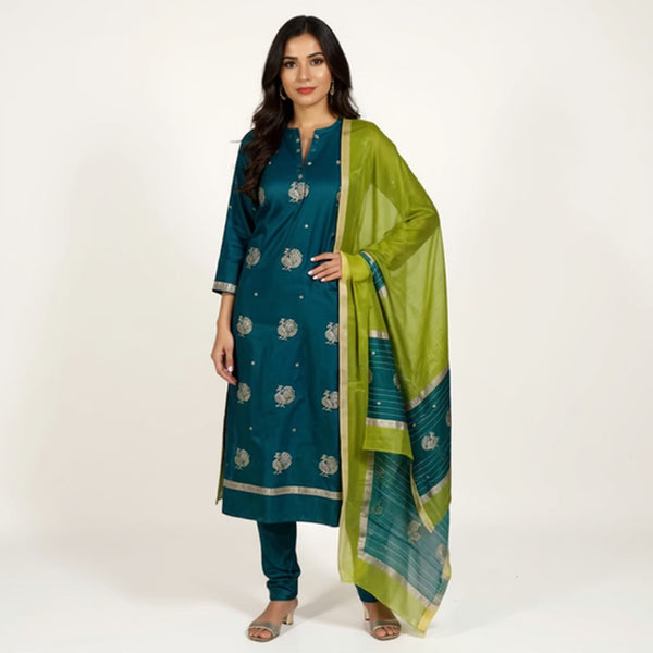 Bottle green top with pista green color dupatta hand Work Chanderi 2 pcs Suit
