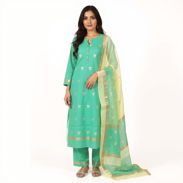 Sea green top with lemon yellow color dupatta hand Work Chanderi 2 pcs Suit