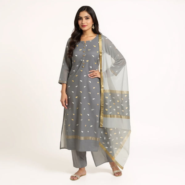 Dark grey top with light grey color dupatta hand Work Chanderi 2 pcs Suit