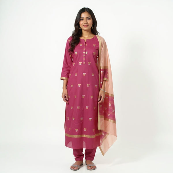 Dark pink top with beige color dupatta hand Work Chanderi 2 pcs Suit