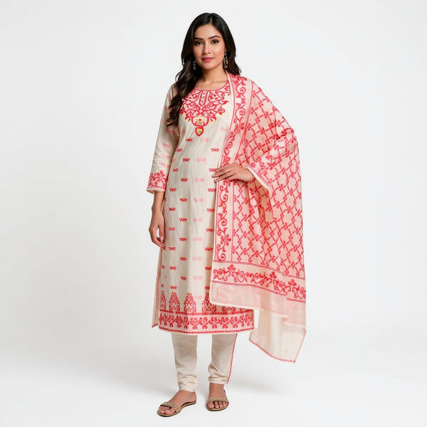 White Color Cotton Dhakai Jamdani Suit Set – Premium Handwoven Cotton with Matching Dupatta