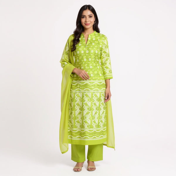 Stunning Pista Green Cotton Jamdani Suit Set with Intricate Handwoven Patterns and Matching Dupatta - Perfect for All Occasions