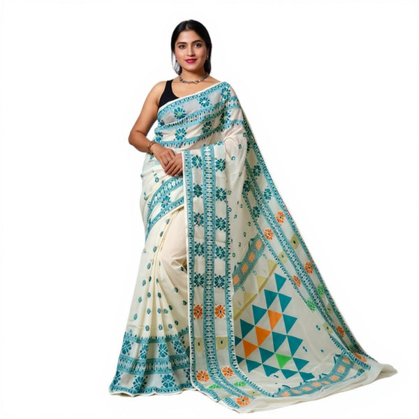 White & blue dhakai jamdani saree