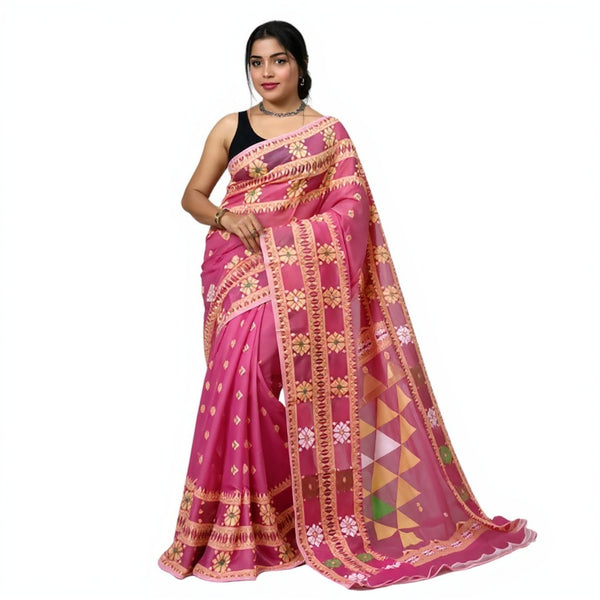 Pink & yellow dhakai jamdani saree